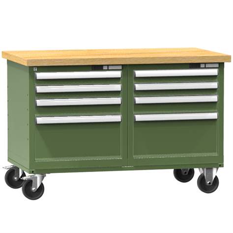 Banc mobil de atelier 1200 x 700 mm, mobilă, capacitate portantă 340 kg, 1x dulap cu uși, 8 sertare, verde RAL6011 - Polak CZ, s.r.o.