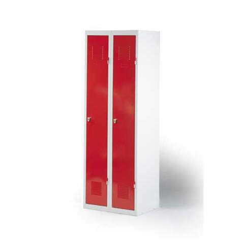 Dulap metalic de vestiar, 2 uși, 2 x 300 mm, livrabil demontat, corp gri RAL7035, uși roșii RAL3000, zăvor rotativ - Kovona Lysa nad Labem