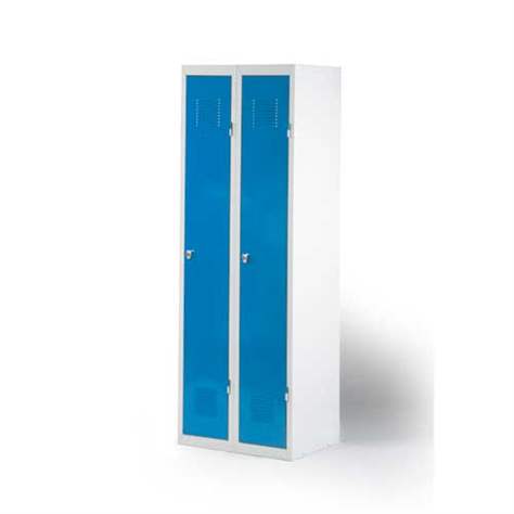 Dulap metalic de vestiar, 2 uși, 2 x 300 mm, livrabil demontat, corp gri RAL7035, uși albastre RAL5005, zăvor rotativ - Kovona Lysa nad Labem