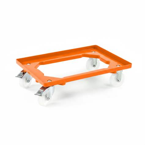 Transportroller 600 x 400 mm, offen, 4 Lenkrollen (2 mit Bremse) mit Kunstoffräder, Farbe orange