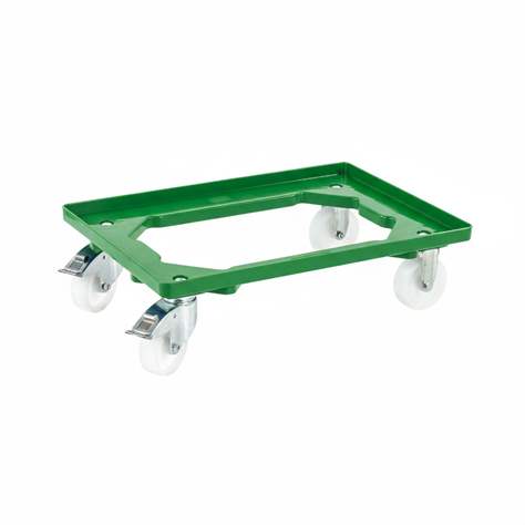 Transportroller 600 x 400 mm, offen, 4 Lenkrollen (2 mit Bremse) mit Kunstoffräder, Farbe grün