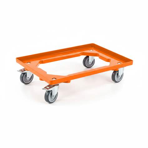 Transportroller 600 x 400 mm, offen, 4 Lenkrollen mit Gummirädern (2 mit Bremse), Farbe orange