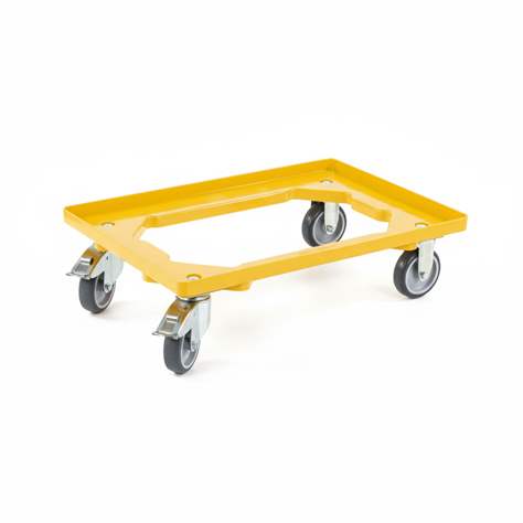 Transportroller 600 x 400 mm, offen, 4 Lenkrollen mit Gummirädern (2 mit Bremse), Farbe gelb