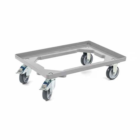 Transportroller 600 x 400 mm, offen, 4 Lenkrollen mit Gummirädern (2 mit Bremse), Farbe grau