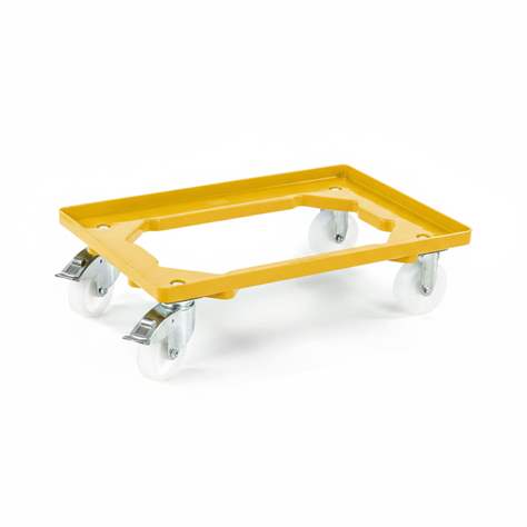 Transportroller 600 x 400 mm, offen, 4 Lenkrollen (2 mit Bremse) mit Kunstoffräder, Farbe gelb