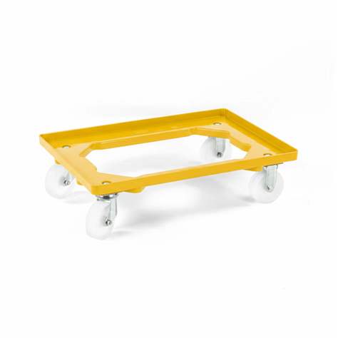 Transportroller 600 x 400 mm, offen, 2 Lenk- und 2 Bockrollen mit Kunstoffräder, Farbe gelb