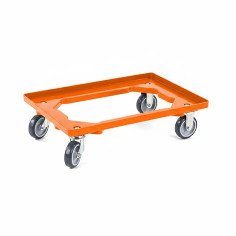 Transportroller 600 x 400 mm, offen, 2 Lenk- und 2 Bockrollen mit Gummirädern, Farbe orange