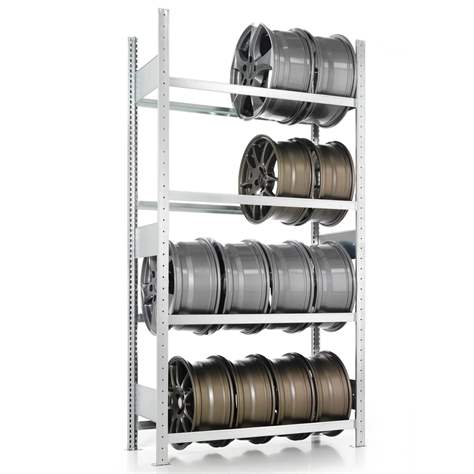 Reifenregal mit 4 Etagen, HxBxT: 2500 x 1000 x 400 mm, Etagen-Tragfähigkeit 150 kg, Anbauregal - META Skladovací technika