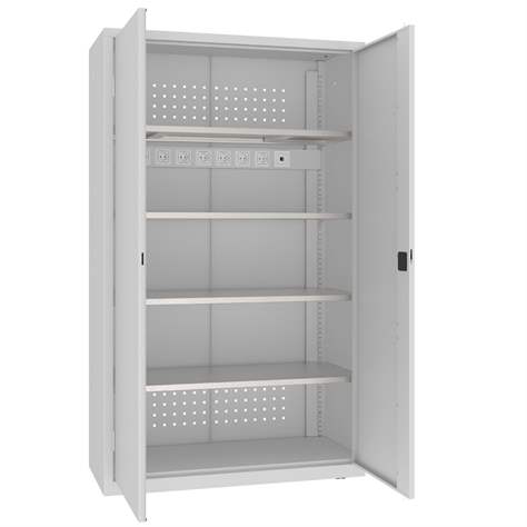 Werkstattschrankmit Ladefunktion für Elektrowerkzeuge, 4 Fachböden, HxBxT: 1990x1200x500 mm, Farbe grau RAL7035 - Malow