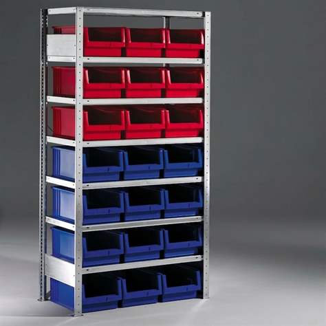 Steckregal CLIP mit Boxen, 7 Fachböden, 21 Stk. Boxen 31 l, Grund-Element