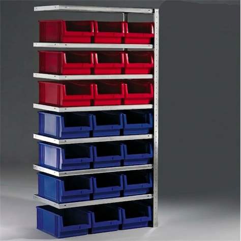Steckregal CLIP mit Boxen, 7 Fachböden, 21 Stk. Boxen 31 l, Anbau-Element