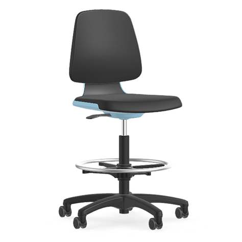 Vysoká pracovná stolička pre čisté priestory LABSIT, s oporou pre nohy a kolieskami STOP & GO, modrá/čierna - BIMOS