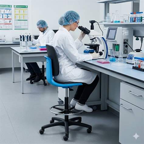 Vysoká pracovná stolička pre čisté priestory LABSIT, s oporou pre nohy a kolieskami STOP & GO, modrá/čierna - BIMOS - obrázok6