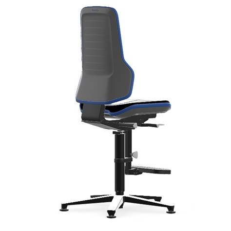 Vysoká pracovná stolička pre laboratóriá a dielne NEON LABORATORY, s oporou pre nohy, čierna/modrá - BIMOS - obrázok3
