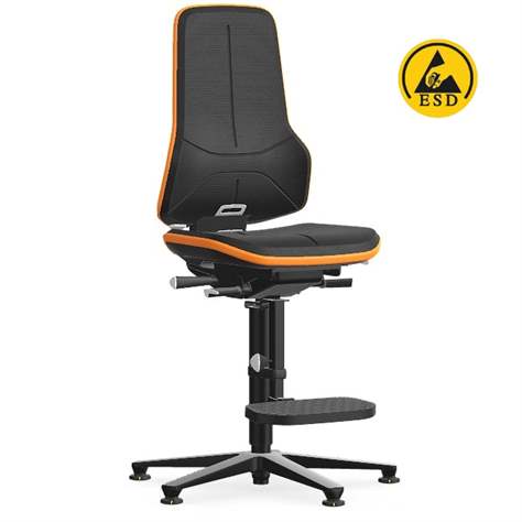Antistatischer Arbeitsstuhl ESD NEON mit Bodengleitern und Fußstütze, Skintec-Bezug, schwarz/orange - BIMOS