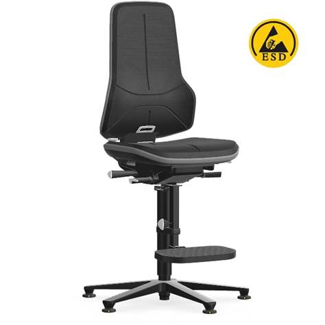 Antistatischer Arbeitsstuhl ESD NEON mit Bodengleitern und Fußstütze, Skintec-Bezug, schwarz/grau - BIMOS