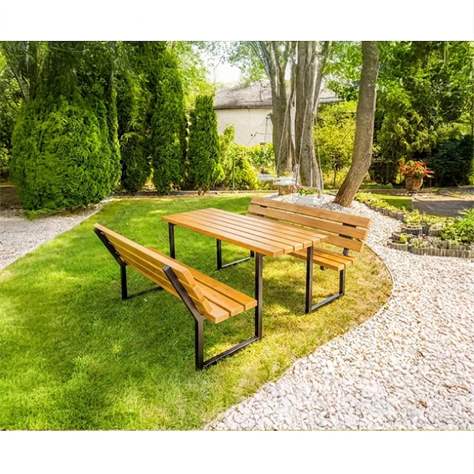 Sestava stolu a lavic Oslo, černá ocelová konstrukce, dřevo odstín teak, 1700x2100 mm - obrázek2