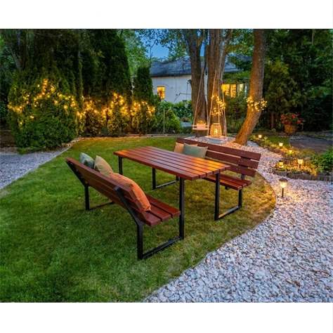 Sestava stolu a lavic Oslo, černá ocelová konstrukce, dřevo odstín teak, 1700x2100 mm - obrázek3