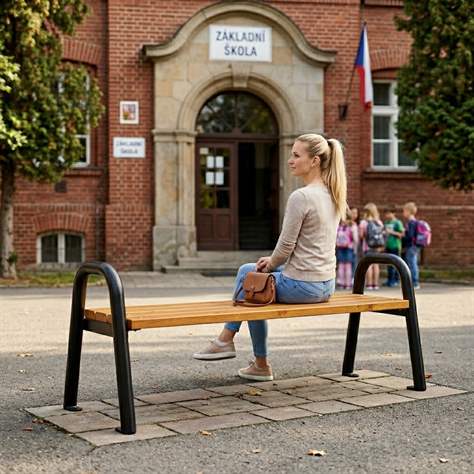 Parková lavice Porto, bez opěradla, ocelová trubková konstrukce, dřevo odstín teak, délka 1,86 m - obrázek3