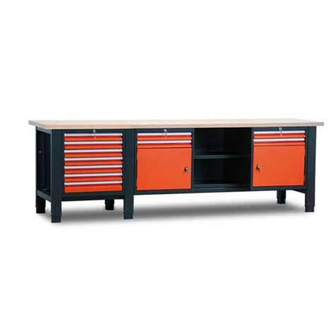 Werkstatt-Tisch TECHNO, Dreiermodul Breite 2000 mm, 6 Schubladen, Schrank, Farbe anthrazit RAL7016/orange RAL2004. - Malow - Bild7