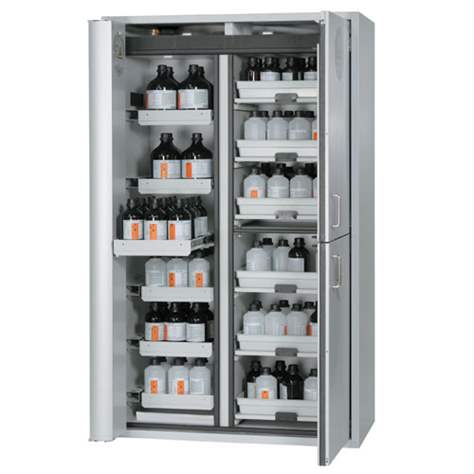 Bezpečnostní skříň pro hořlaviny/kyseliny/louhy, 1968x1200x615 mm, 6 zásuvek, 6 vysuvných polic s vanou, barva šedá - asecos GmbH