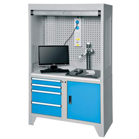 Dulap metalic multifunțional - stație de control, lxLxH: 1200x600x2030 mm, 4x sertare, 1 x dulăpior cu poliță, corp gri RAL7035/uși albastre RAL5012 - Polak CZ, s.r.o.