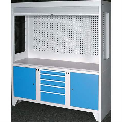 Dulap metalic multifunțional - stație de control, lxLxH: 1200x600x2030 mm, 4x sertare, 1 x dulăpior cu poliță, corp gri RAL7035/uși albastre RAL5012 - Polak CZ, s.r.o. - imagine2