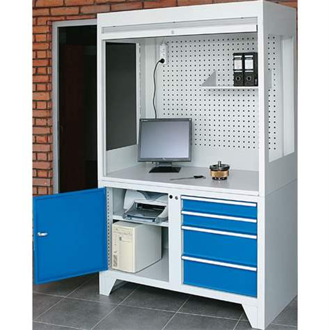 Dulap metalic multifunțional - stație de control, lxLxH: 1200x600x2030 mm, 4x sertare, 1 x dulăpior cu poliță, corp gri RAL7035/uși albastre RAL5012 - Polak CZ, s.r.o. - imagine3