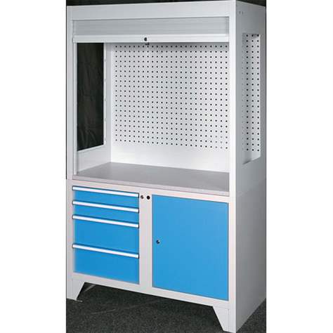 Dulap metalic multifunțional - stație de control, lxLxH: 1200x600x2030 mm, 4x sertare, 1 x dulăpior cu poliță, corp gri RAL7035/uși albastre RAL5012 - Polak CZ, s.r.o. - imagine4