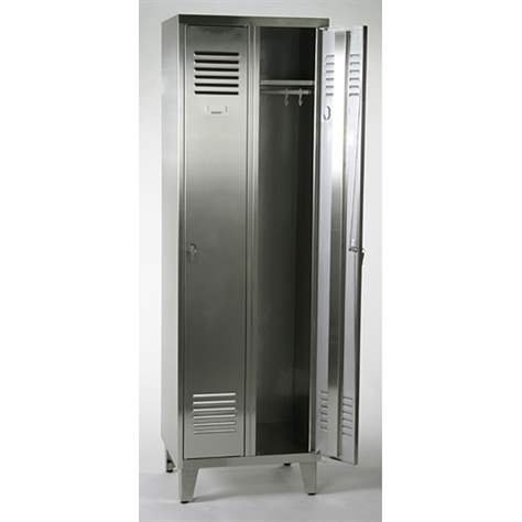 Edelstahl - Garderobenschrank, 2 x 400 mm, mit Füßen, Dreipunkt-Zylinderschloss - Malow