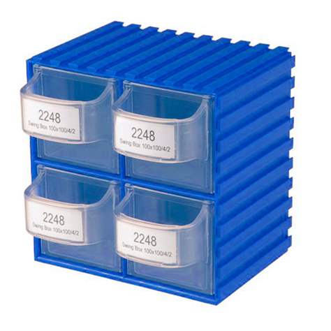 Plastový zásobník SwingBox s viditelným obsahem, 100 x 100 x 94 mm, výsuvný, 4 zásuvky, barva modrá