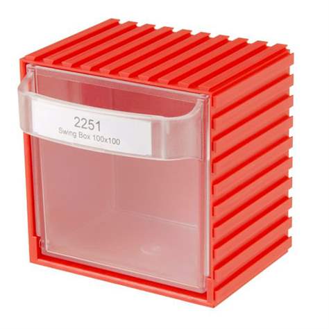 Plastový zásobník SwingBox s viditelným obsahem, 100 x 100 x 94 mm, výklopný, 1 zásuvka, barva červená