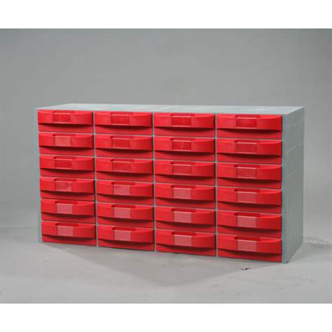 Plastový zásobník VariBox, 1000 x 533 x 355 mm, 24 zásuviek červenej farby.