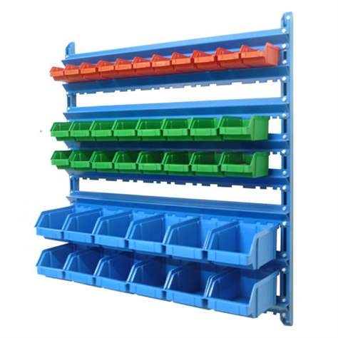 Wandregal inkl. Sichtlagerboxen TechBox, blaue Konstruktion, B x H: 935x1000 mm, Anzahl Boxen: 39 Stk.