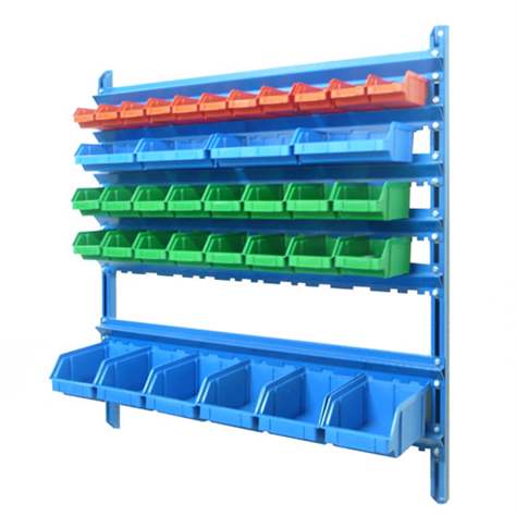 Wandregal inkl. Sichtlagerboxen TechBox, blaue Konstruktion, B x H: 935x1000 mm, Anzahl Boxen: 37 Stk.