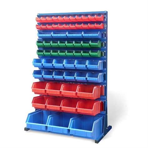 Regál se zásobníky TechBox, modrá konstrukce, š x v: 940x1540 mm, jednostranný, počet boxů: 65 ks.