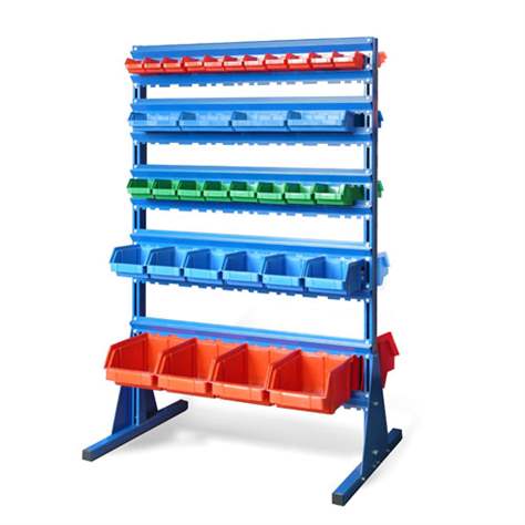 Regal mit Sichtlagerkästen TechBox, blaue Konstruktion, B x H: 940x1540 mm, zweiseitig, Anzahl Kästen: 66 Stk.