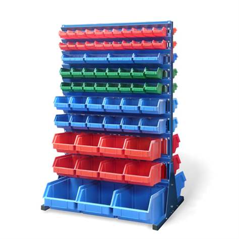 Regal mit Sichtlagerkästen TechBox, grau Konstruktion, B x H: 940x1540 mm, zweiseitig, Anzahl Kästen: 130 Stk.