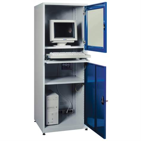 Skříň na PC, provozní model, s vybavením, v x š x h: 1750 x 640 x 630 mm, barva šedá RAL7035 / modrá RAL5010 - Malow