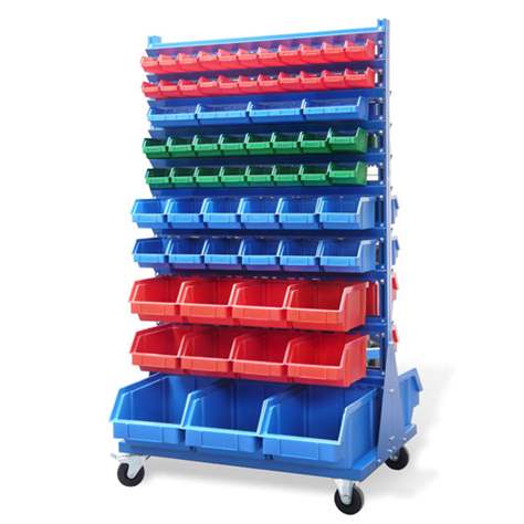 Regal mit Sichtlagerkaesten TechBox, blaues Gestell, Breite x Hoehe.: 940x1540 mm, zweiseitig, fahrbar, Anzahl Kästen 130 Stk