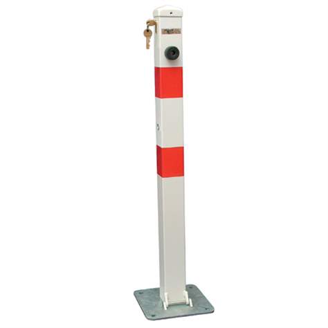 Dispozitiv rabatabil blocare acces loc parcare - îngrădire parcare tip stâlp, din oțel, alb - bandă roșie, încuietoare cilindrică