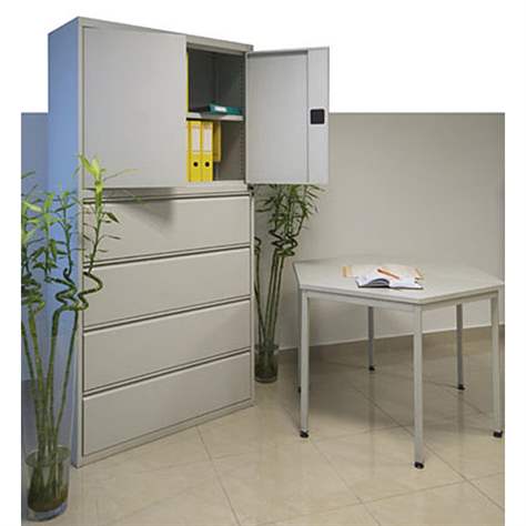 Stahl-Fachbodenschrank mit Registratur, 3 Schubladen + Schrank 999 mm, Farbe blau RAL5010 - Malow - Bild2