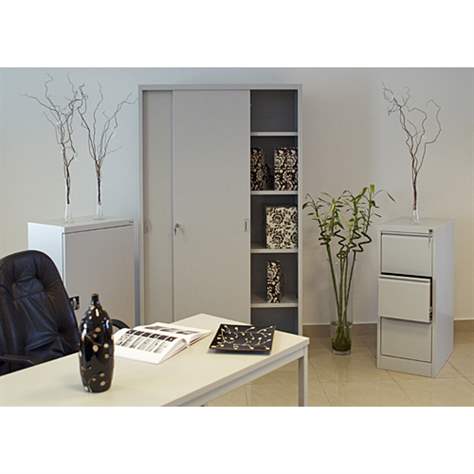 Dulap metalic cu polițe și uși glisante, HxLxl: 1990x1000x435 mm, culoare gri deschis RAL 7035 - Malow - imagine2