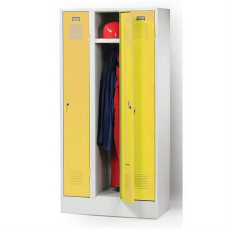 Garderobenschrank, geschweißt, 3 x 300 mm, Türfarbe gelb RAL1023, mit Sockel - Kovos Verneřice