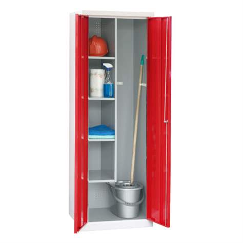 Putzmittelschrank, Stahlkonstruktion, HxBxT: 1800x600x500 mm, linke Seite 4 Fachböden, Lichtgrau RAL7035 / Rot RAL3020 - Malow