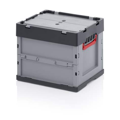 Přepravka plastová Euro skladací s víkem, šedá barva, 400 x 300 x 320 mm