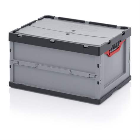 Přepravka plastová Euro skladací s víkem, šedá barva, 600 x 400 x 320 mm