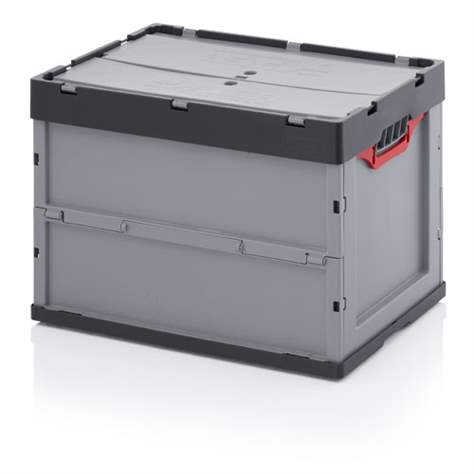 Přepravka plastová Euro skladací s víkem, šedá barva, 600 x 400 x 420 mm