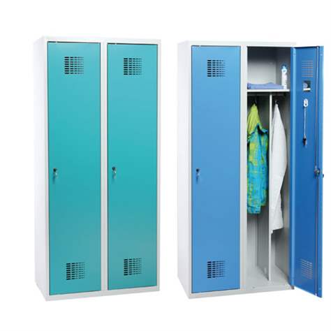 Garderobenschrank WEMO, geschweißt, 2 x 400 mm, Türfarbe Türkisblau RAL5018, ohne Füße, Dreipunkt-Zylinderschloss - Malow - Bild3