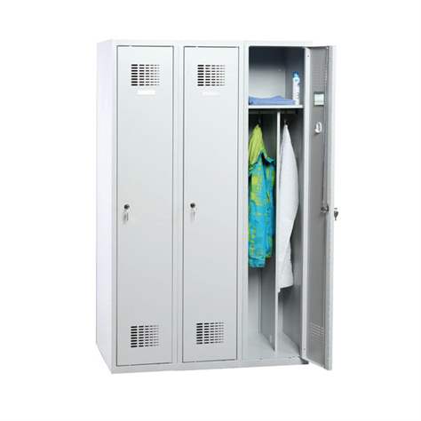 Garderobenschrank WEMO, geschweißt, 3 x 400 mm, Türfarbe Grau RAL7035, ohne Füße, Dreipunkt-Zylinderschloss - Malow